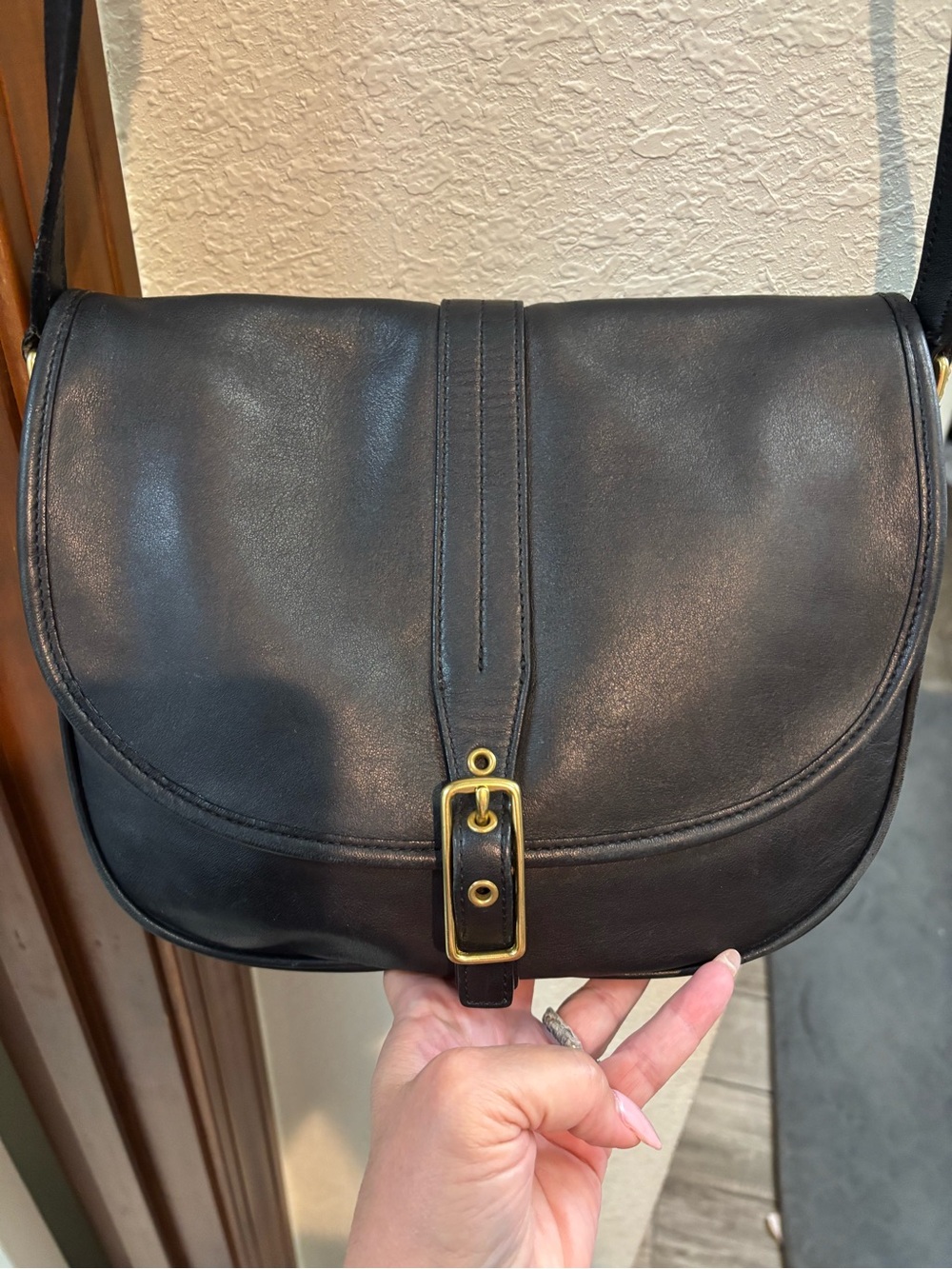 Coach Black Leather Crossbody Saddle Bag with Gold Buckle